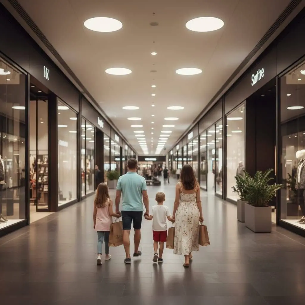 Famiglia cammina in un centro commerciale con borse.