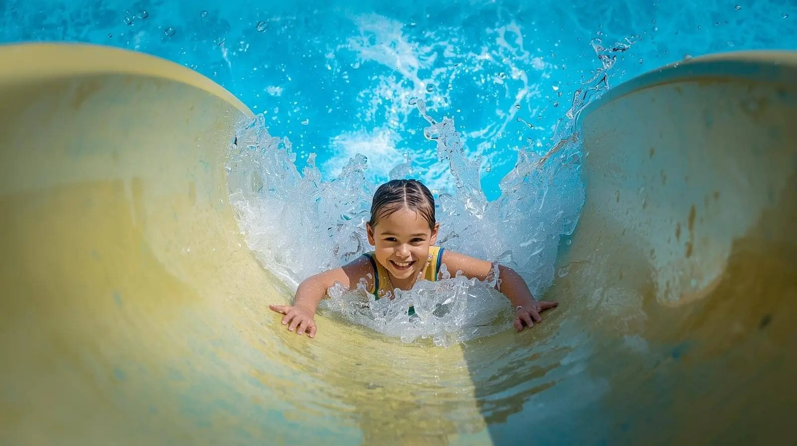Bambina felice scivola lungo uno scivolo d'acqua.