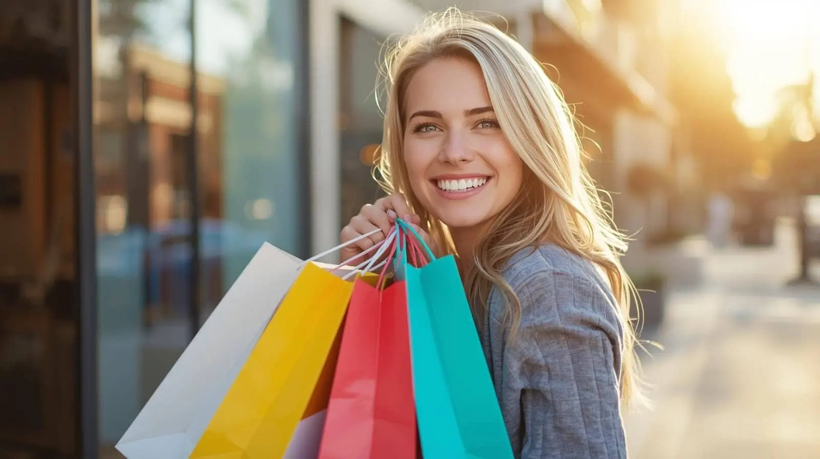Donna sorridente con borse della spesa colorate.