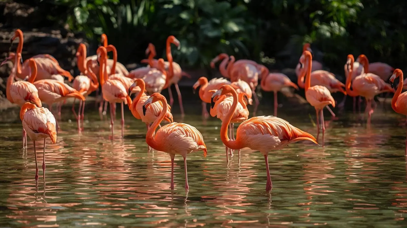 Fenicotteri rosa in uno stagno riflettente.