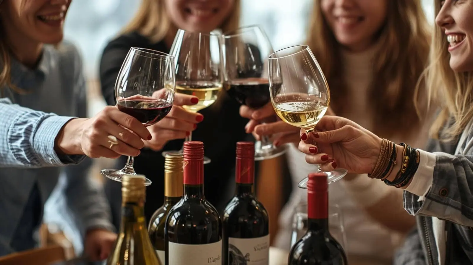 Persone brindano con calici di vino diversi tipi.