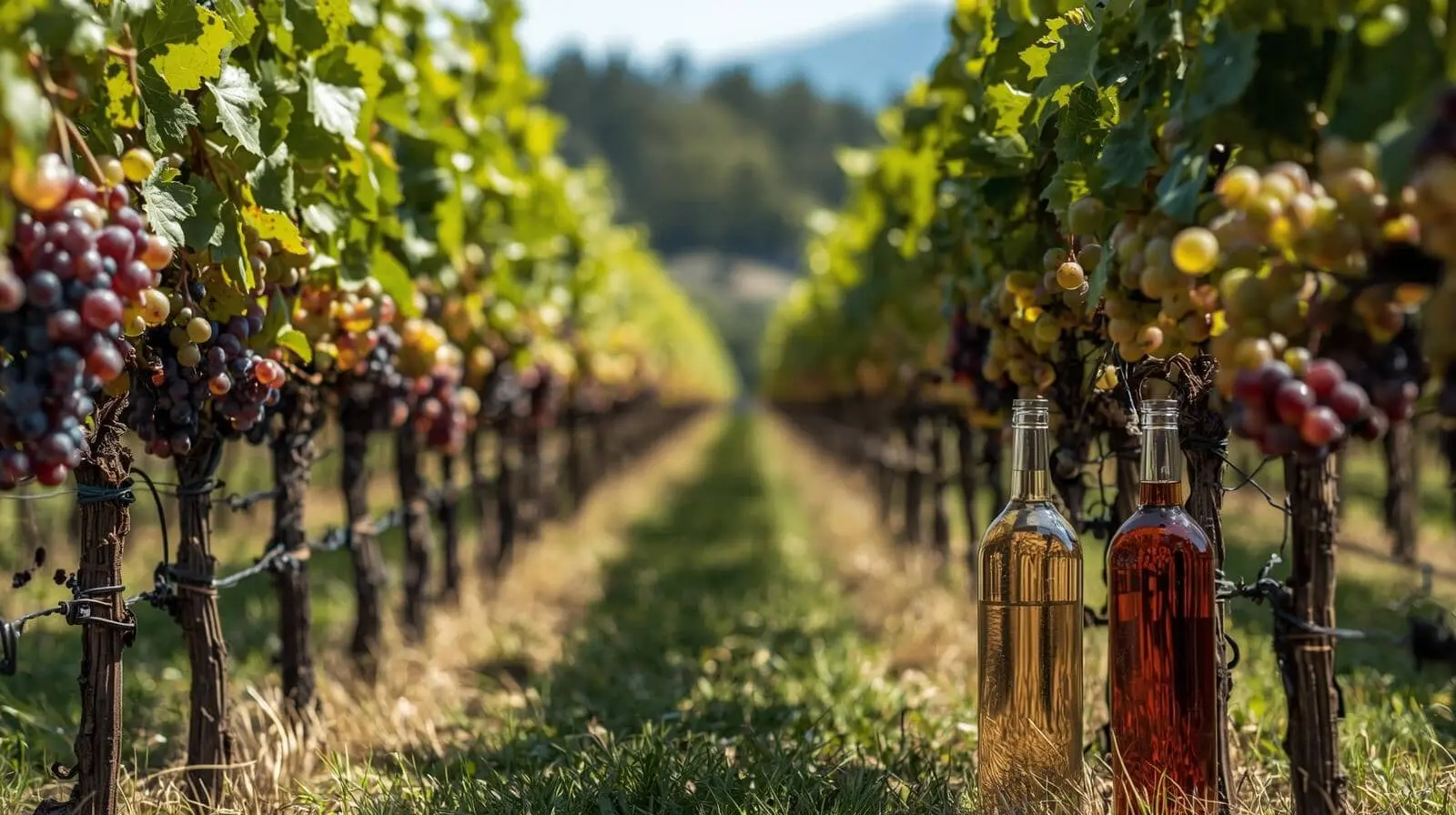 Bottiglie di vino in vigneto al tramonto.