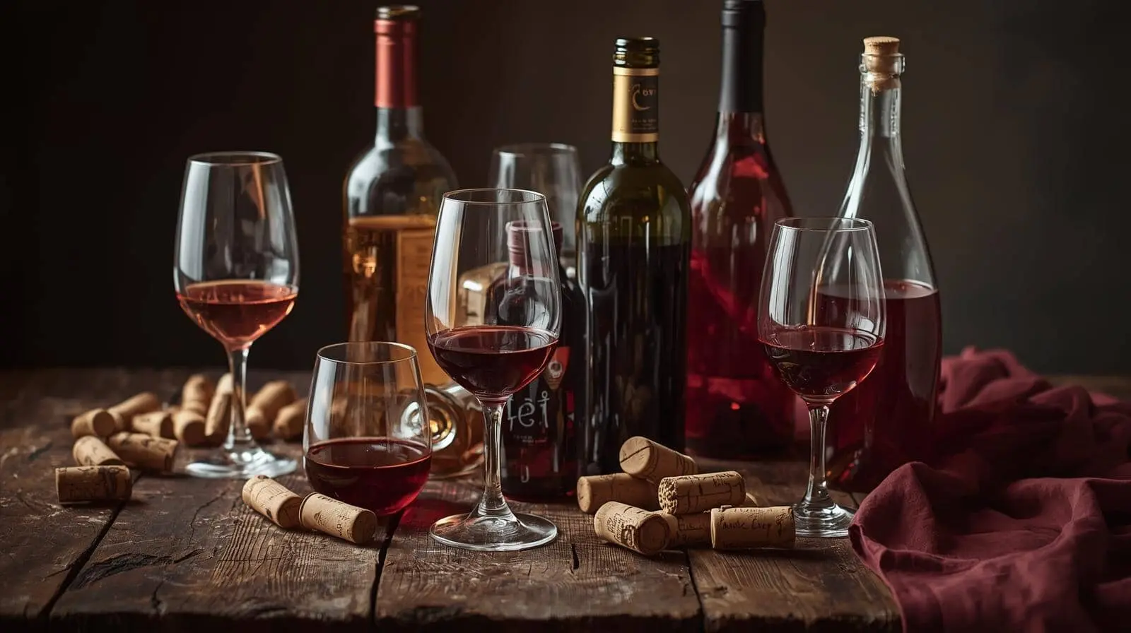 Bottiglie di vino e bicchieri su tavolo rustico.